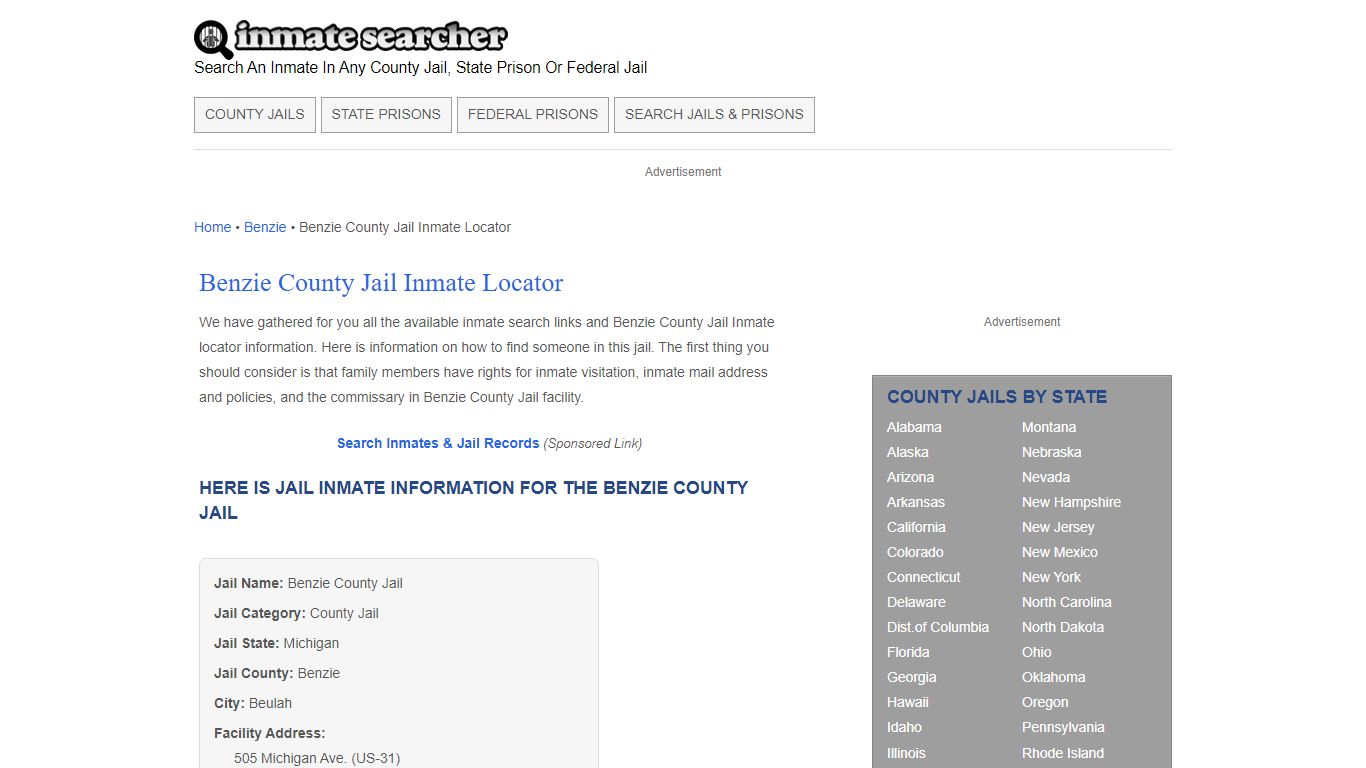 Benzie County Jail Inmate Locator - Inmate Searcher